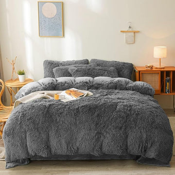 FOPPA Dark grey fluffy Comforter Cover Set king- Ultra Soft fluffy Dark grey Bedding Sets 3 Pieces (1 Duvet Cover + 2 Pillow case) Dark grey fluffy bed set (Dark Grey, King)