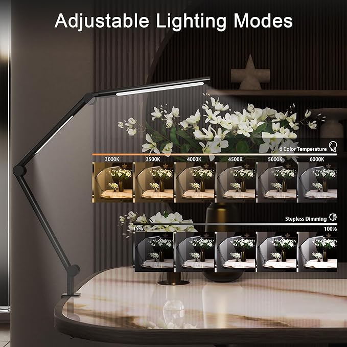 LED Desk Lamp with Clamp, Adjustable Swing Arm, Dual Light Sources, Stepless Dimming, Modern Table Light for Home Office, Work, Study, Flexible, Eye-Caring Clip-on Desk Light