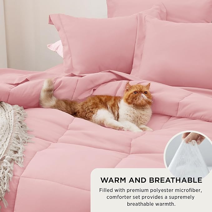 Bedsure Pink King Size Comforter Set - 7 Pieces Solid King Bed in a Bag, King Bed Set Pink with Comforters, Sheets, Pillowcases & Shams