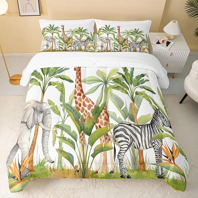 Wild Animal Comforter Twin Size,Elephant Giraffe Zebra Kids Comforter Set,3Pcs Bedding Set Printed Comforter with 2 Pillowcases,Down Alternative,Soft and Lightweight,for All Seasons