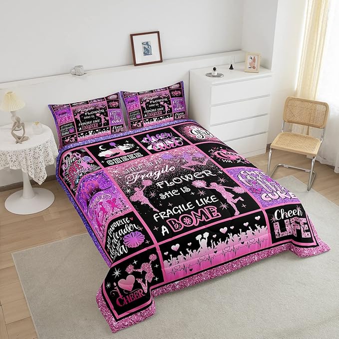 Cheerleading Comforter Set Cheer Gifts,Cheerleader Loves Bedding Set for Kids Girls Teens Adult,Cheer Pink (no real) Sequins Quilt Set Twin Geometric Plaid Patchwork Duvet Insert with 1 Pillowcase
