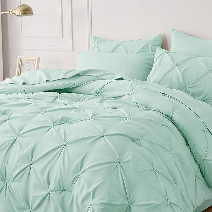 Bedsure Mint Green Comforter Set Queen - Bed in a Bag Queen 7 Pieces, Pintuck Beddding Sets Green Bed Set with Comforter, Sheets, Pillowcases & Shams