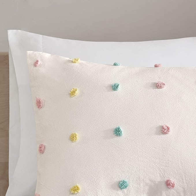 Callie Cotton Jacquard Weave Colorful Pom Pom Kids Comforter sets, Down Alternative Shabby Chic All Season Girls Bedding, Bedroom Decor, Twin/Twin XL, Multi 4 Piece