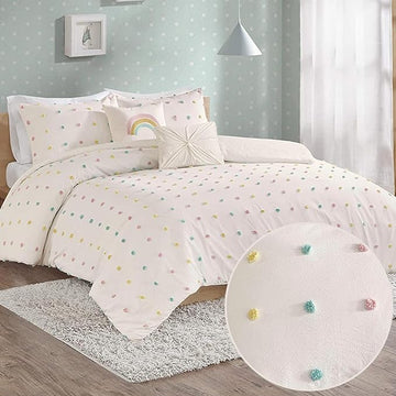 Callie Cotton Jacquard Weave Colorful Pom Pom Kids Comforter sets, Down Alternative Shabby Chic All Season Girls Bedding, Bedroom Decor, Full/Queen, Multi 5 Piece