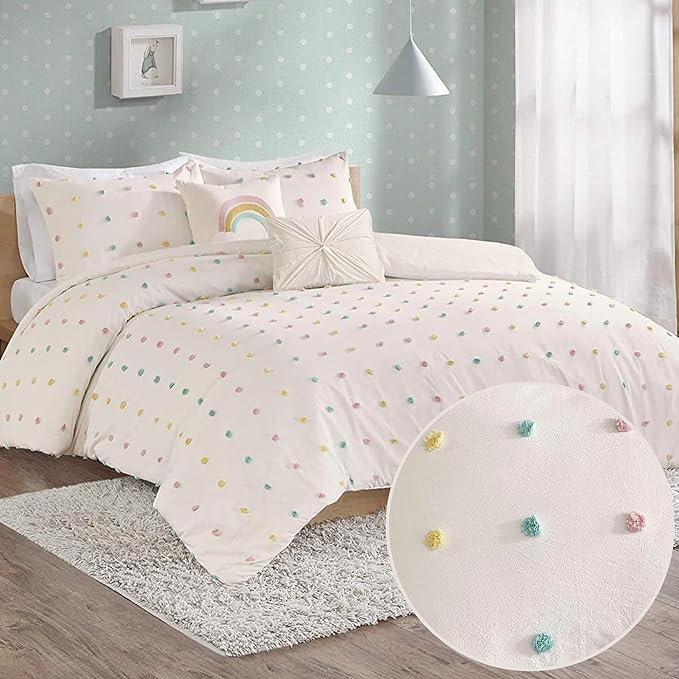Duvet Cotton Jacquard Weave Colorful Poms Accent, Shabby Chic Cover for Comforter Cozy Bedding Set, Matching Shams, Decorative Pillows, Full/Queen, Multi, Twin/Twin XL, 4 Piece