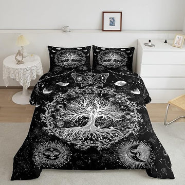 Feelyou Sun and Moon Comforter Bohemian Tree Butterfly Style Bedding Set Psychedelic Hippie Comforter Set for Boys Girls Children Teens Bedroom Decor Galaxy Astrology Duvet Set Twin Size