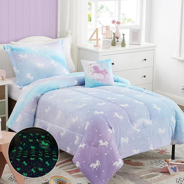 KALEIDOSPACE Kids Full Comforter Sets for Girls, Glow in The Dark Unicorn Full Size Bedding Sets -4 Pieces Lightweight Bed in A Bag