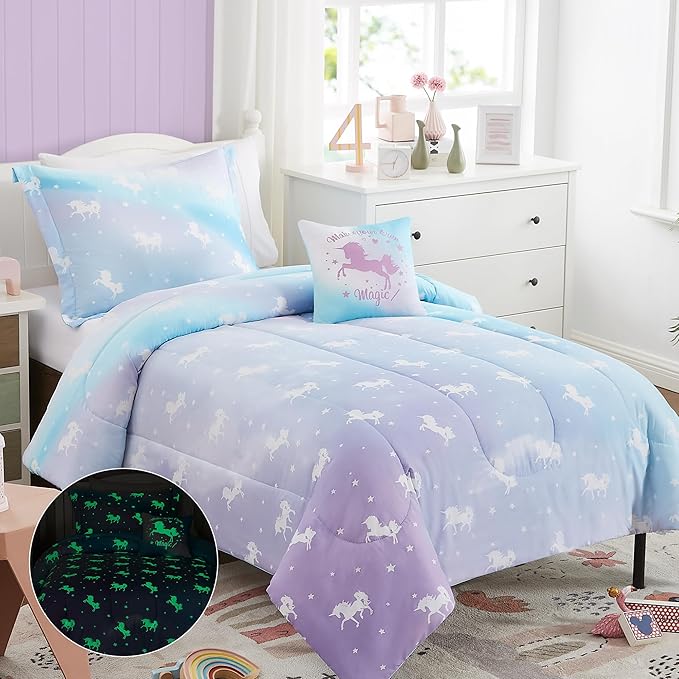 KALEIDOSPACE Kids Full Comforter Sets for Girls, Glow in The Dark Unicorn Full Size Bedding Sets -4 Pieces Lightweight Bed in A Bag