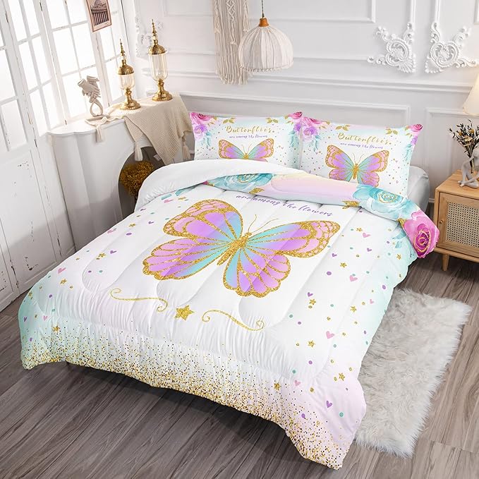 CVHOUSE Butterfly Bedding Set,Butterfly Comforter Queen,Butterfly Comforter Set for Girls Kids Teens,Butterflies Quilt Set with 1 Comforter and 2 Pillow Cases- 3 Piece