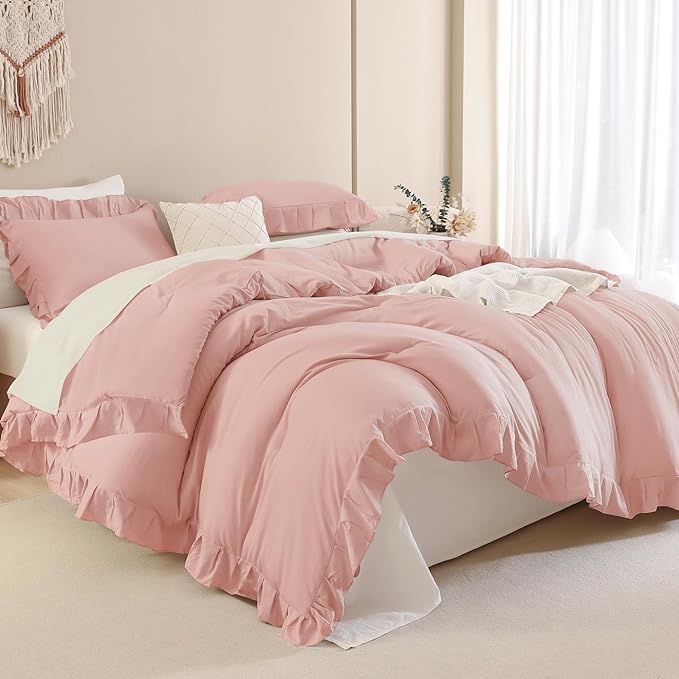 Andency Blush Ruffle Comforter Set, 2 Pieces Kids Comforter Set Twin(66x90Inch), Farmhouse Shabby Chic Comforter Set, Soft Microfiber Kids Bedding Set