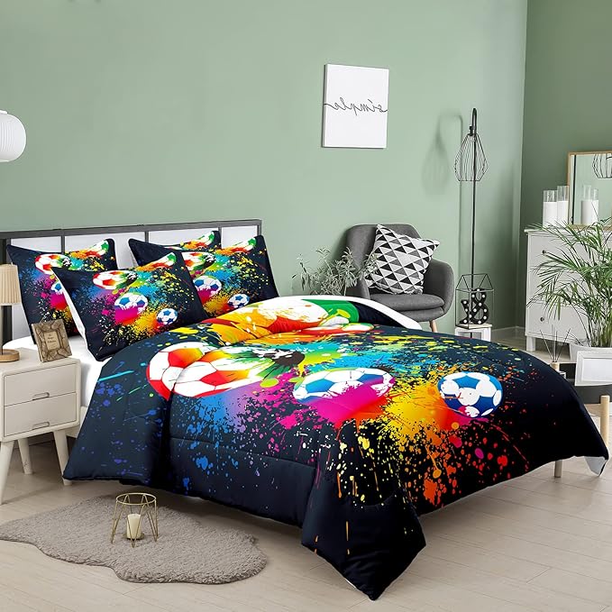 Bodhi Soccer Comforter Set Full,Boys Sports Comforter Set Full,Rainbow Graffiti Football Bedding Set for Boys,Kids,Teens with Matching Pillowcases,Boys Teen Comforter Set Full