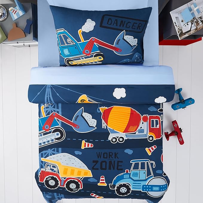Truck Tractor Excavator Twin Comforter Set with Sheets - 5 Pieces Kids Twin Bedding Sets for Boys, Glow in The Dark Construction Trucks Twin Bed in a Bag for Kids, Teens