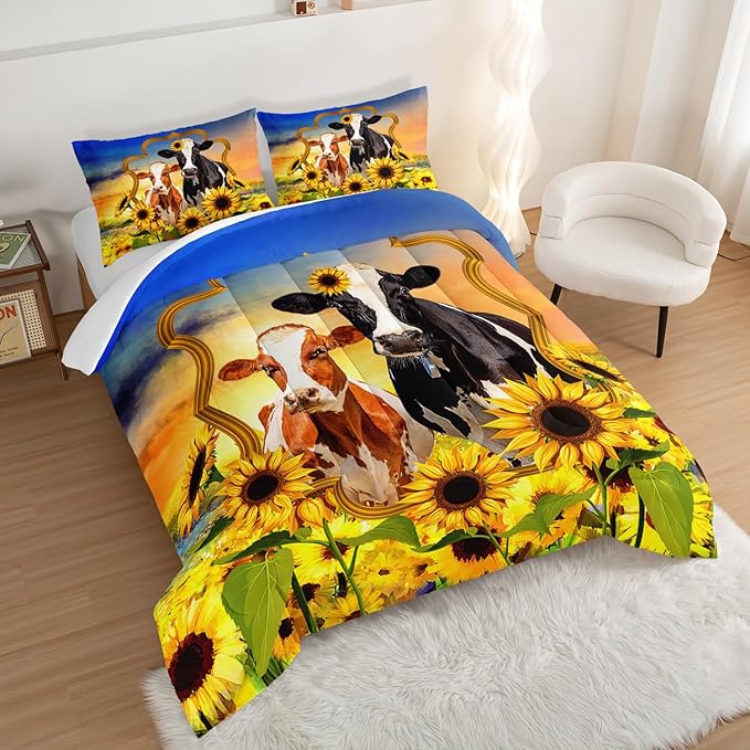 HOSIMA Animal Theme Bedding Set Bull and Cow Comforter with 2 Pillowcases,Sunflower Full Size Comforter Set for Adults Teens Kids,Brown Cowhide Black White Cow Print Western Bedding Sets.