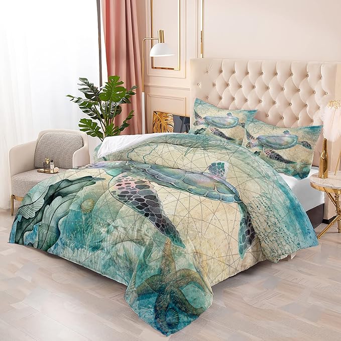 CVHOUSE Sea Turtle Comforter Set,Ocean Sea Turtle Bedding Set for Kids Teens,Ocean Sea Turtle Comforter Sea Turtle Duvet Set Room Decor Quilt Set Twin Size