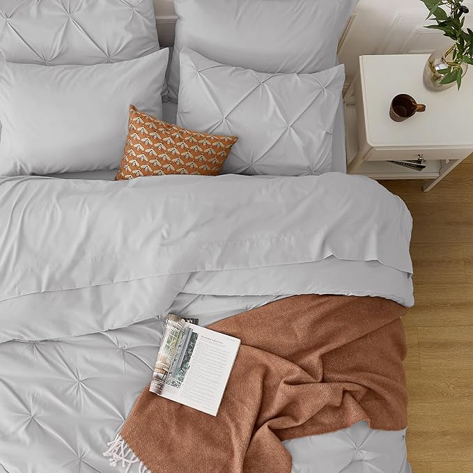 Bedsure Light Grey King Size Comforter Set - Bedding Set King 7 Pieces, Pintuck Bed in a Bag Green Bed Set with Comforter, Sheets, Pillowcases & Shams