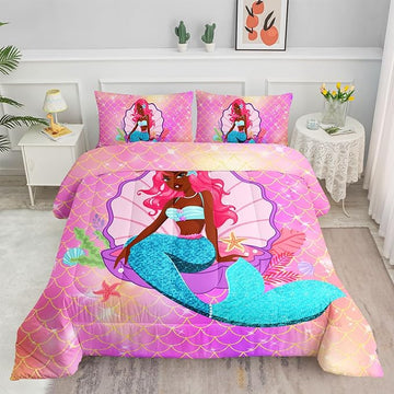 Datura home Bedding Comforter Set Black Girl Magic Mermaid Printed Pattern Quilt with 1 and 2 Pillowcases for Girls Bedroom All Season(Black Pink Full) Full 80x90inches