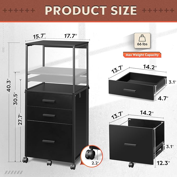 DEVAISE File Cabinet with Storage Drawers, Rolling Printer Stand with Adjustable Shelves, Wood Filing Cabinet for Home Office, Black
