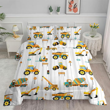 Axolotl Yellow Excavator Comforter Set Queen Size,Cartoon Excavator Bedding Set,Kids Machinery Truck Comforte Set,White Stripe Bedding Vehicle Car Decor for Kids Boys Teens,1 Quilt 2 Pillowcases