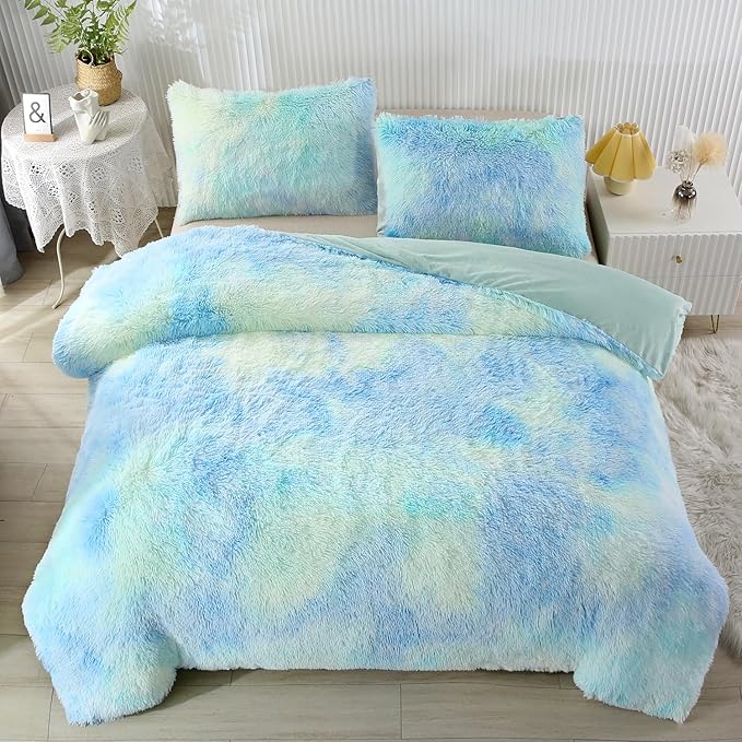 WINLIFE Shaggy Bedding Comforter Set Faux Fur Flannel Furry Comforter Microfiber Long Hair Fluffy Plush Comforter Sets Gradient Ombre Blue Aqua Teal Bedding for Girls Adults (3Pcs, Queen, Mint Green)