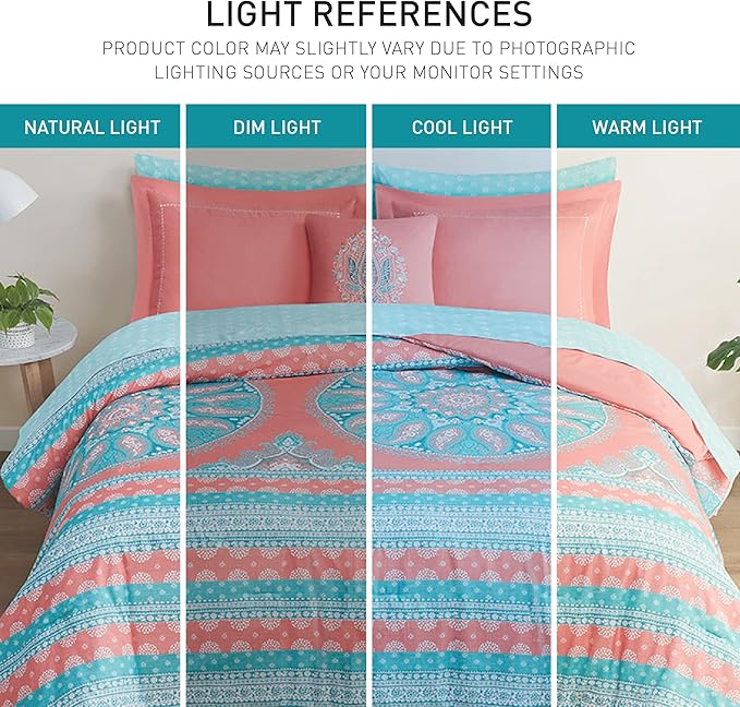 Degrees of Comfort Full Size Coral Comforter Sets for Girls, Boho Mandala Bed in A Bag with sheet, Microfiber Bed Set with Side Pockets, Matching Decorative Pillow, 8 Piece