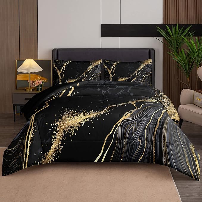 Tailor Shop Marble Bedding Set Soft Microfiber Black and Gold Comforter Set Full Size for Kids Men and Women with 1 Marble Comforter and 2 Pillowcases……
