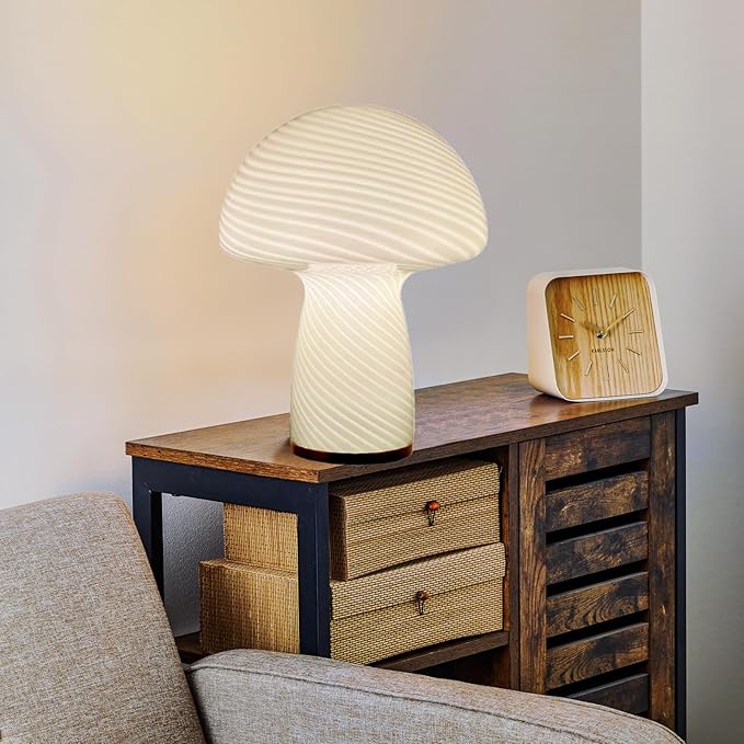 Mushroom Lamp,Glass Table Bedside Lamps,Translucent Vintage Style Striped Small Night Mushroom Decor Light for Ambient,Kids,Bedroom,Living,Gift (Stripe White)