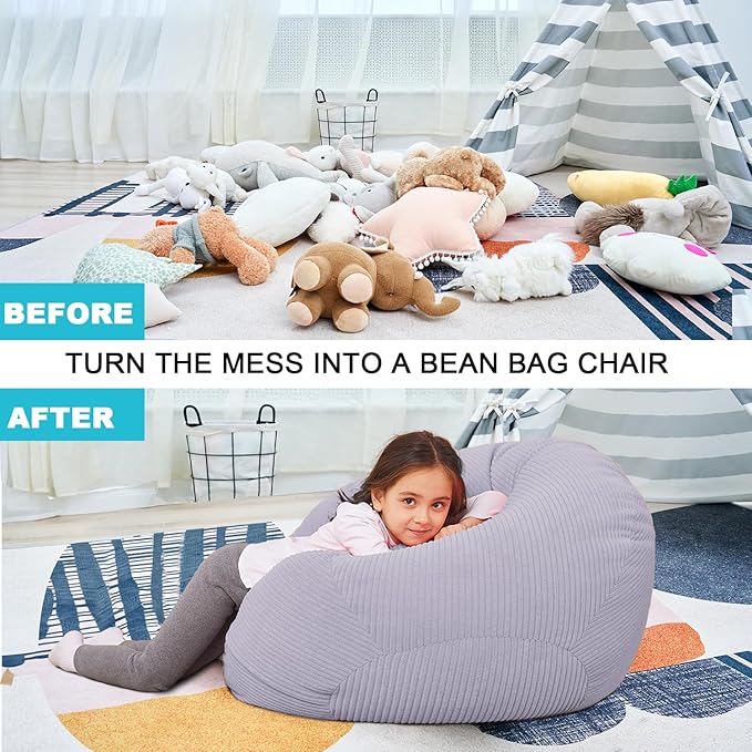 Stuffed Animal Storage Bean Bag Chair Cover for Kids, 38" Beanbag Chairs Cover Plush Toys Organizer Super Soft Corduroy with Handle and Zipper for Boys and Girls - Grey