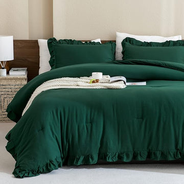 Andency Dark Emerald Green Comforter Set King, 3 Pieces Lightweight Ruffle Bedding Comforter Sets, Farmhouse Ruffle Bed Comforter Set, Lightweight and Soft Bedding Comforter for All Seasons