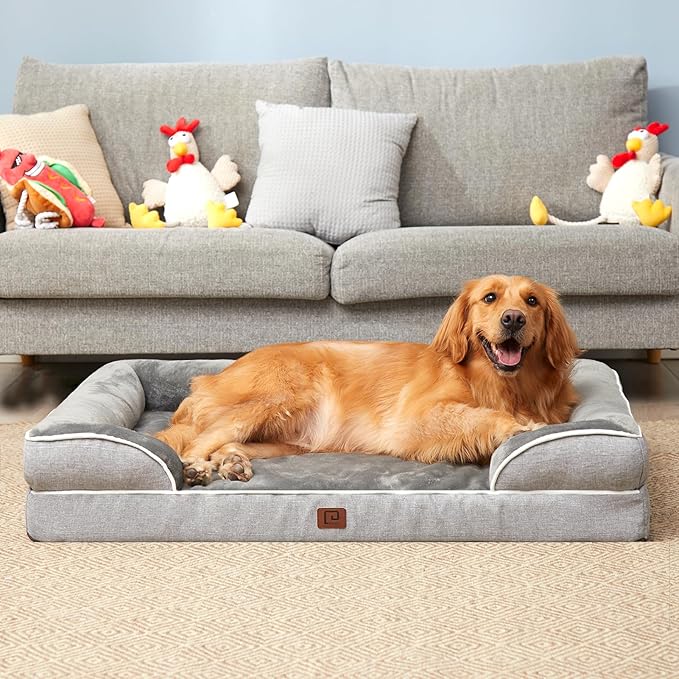 EHEYCIGA Orthopedic XL Dog Beds, Waterproof Memory Foam Dog Bed for Extra Large Dogs, Non-Slip Bottom and Egg-Crate Foam Big Dog Couch Bed with Washable Removable Cover, Grey