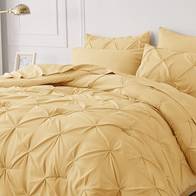 Bedsure King Size Comforter Set - Bedding Set King 7 Pieces, Pintuck Bed in a Bag Yellow Bed Set with Comforter, Sheets, Pillowcases & Shams