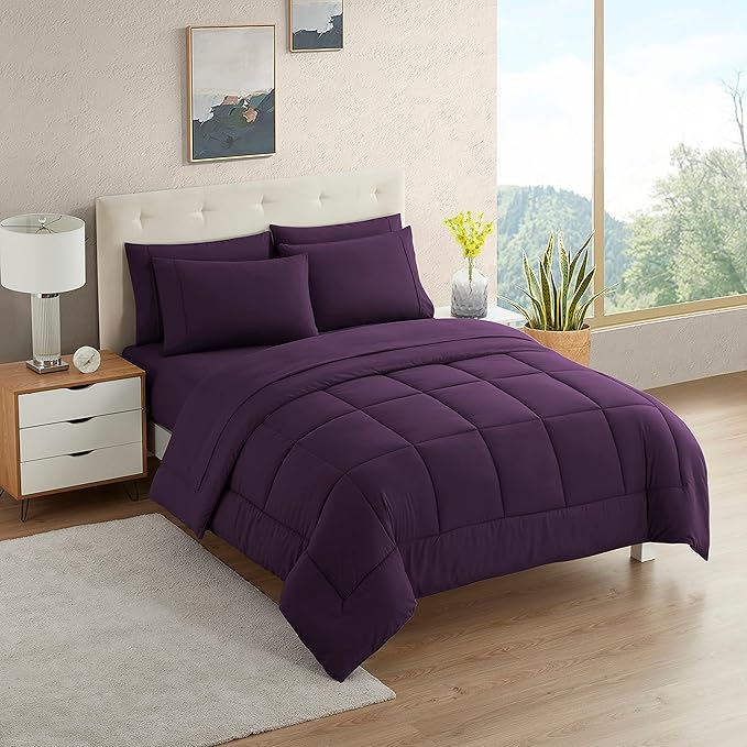 Dorm Room Essentials College Bedding Comforter Set 7 Piece Full Size Bed in a Bag for College Students Boys and Girls, Full, Purple