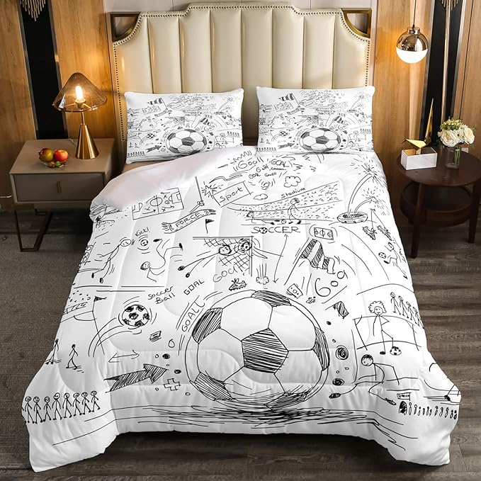Erosebridal Boys Football Comforter Set Queen Hand Drawn Soccer Bedding Set for kids teen men Sports Games down comforter Black White Sketch Quilt Duvet Insert 1 Comforter with 2 Pillow Cases