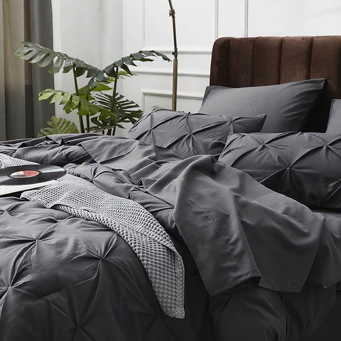 Bedsure California King Comforter Set - Cal King Bed Set 7 Pieces, Pinch Pleat Dark Grey Cali King Bedding Set with Comforter, Sheets, Pillowcases & Shams