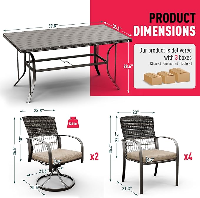 Pamapic 7 Piece Outdoor Dining Set, Rattan Outdoor Patio Furniture Set for Backyard with Iron Outdoor Dining Table, 4 Swivel Deck Chairs, 2 Wicker Chairs and Removable Cushions (Beige)