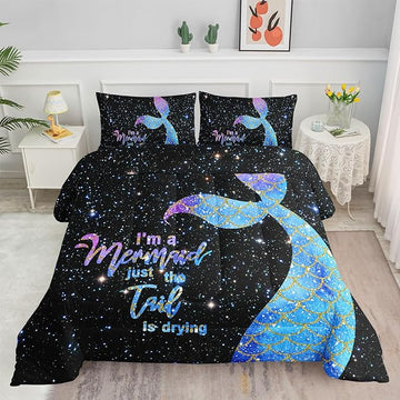 Datura home Bedding Comforter Set Black Starry Sky Mermaid Printed Pattern Quilt with 1 and 2 Pillowcases for Girls Bedroom All Season(Black Queen) Queen 90x90inches