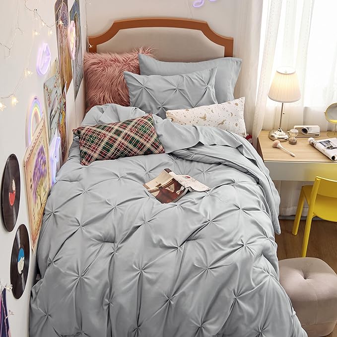 Bedsure Twin Comforter Set with Sheets - 5 Pieces Bedding Sets, Pinch Pleat Grey Bed in a Bag with Comforter, Pillowcase & Sham