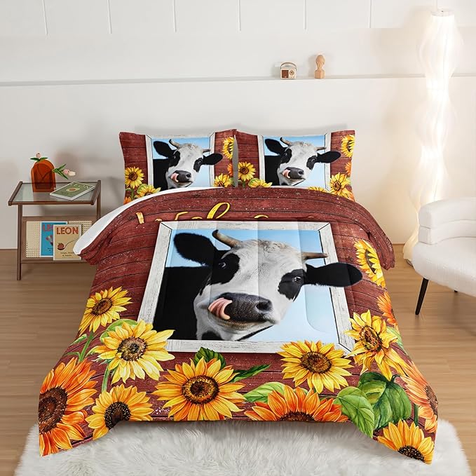 HOSIMA Farmhouse Animal Cow Comforter with 2 Pillowcases,Wooden Decor Terracotta Comforter Set Queen Size for Adults Teens,Cow Print Bedding Room Decor,Sunflower Comforter Set.
