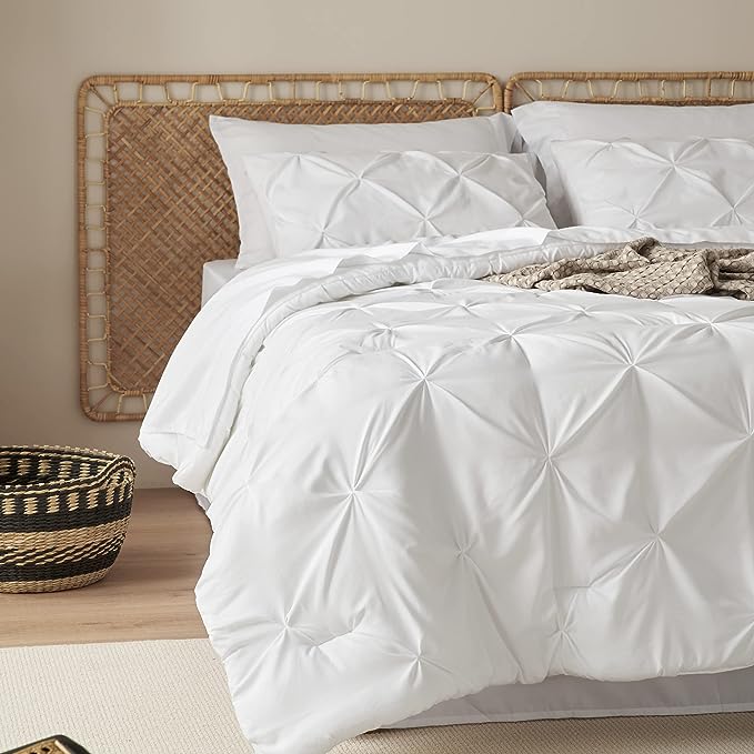 Bedsure White King Size Comforter Set - Bedding Set King 7 Pieces, Pintuck Bed in a Bag White Bed Set with Comforter, Sheets, Pillowcases & Shams
