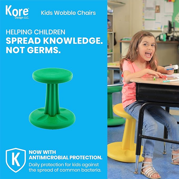 Kore Kids Pre-Teen Wobble Chair - Flexible Seating Stool for Classroom, Home & School, ADD/ADHD - Made in The USA - Age 10-11, Grade 5-6, Green (18.7in)
