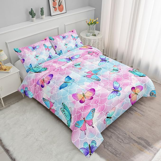 Datura home Kids Comforter Set Mermaid Scale Butterfly Printed Pattern Bedding Set with 1 Comforter and 2 Pillowcases for Girls Boys Bedroom All Season(Mermaid Twin)