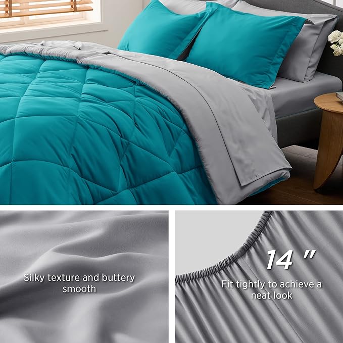 Bedsure Teal King Size Comforter Set - 7 Pieces Reversible King Bed in a Bag King Bed Set with Comforters, Sheets, Pillowcases & Shams, King Bedding Sets