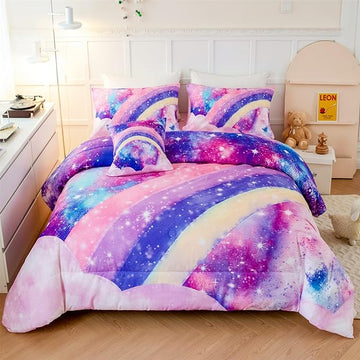 6 Pcs Tie Dye Pink Twin Comforter Set for Girls, 3D Rainbow Galaxy Gradient Themed Bed in A Bag, Pastle Nebula Kids Bedding Set with Sheets, Comforter and Pillowcases for All Season