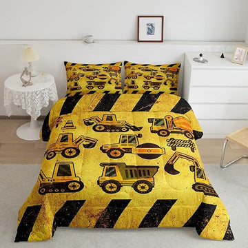 Kids Construction Comforter Set Twin, Boys Cartoon Car Down Comforter, Cartoon Machinery Truck Bedding Set, Yellow Tractor Excavator Super Soft Comforter For Children Teens, Kids Car Theme Room