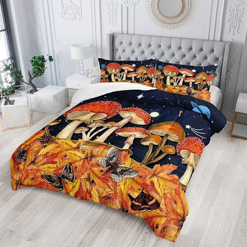 Galaxy Mushroom Comforter Set Twin Size Kids Mushroom Butterfly Bedding Set Leaves Quilt Bed Set for Boys Girls Adults with 1 Comforter and 2 Pillowcases