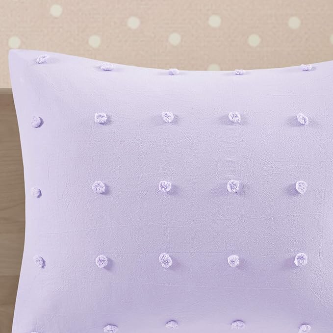 Callie Cotton Jacquard Weave Colorful Pom Pom Kids Comforter sets, Down Alternative Shabby Chic All Season Girls Bedding, Bedroom Decor, Twin/Twin XL, Lavender 4 Piece