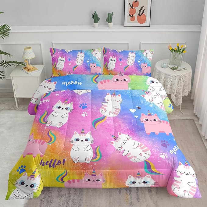 Axolotl Cat Bedding Queen Cartoon Cat Comforter Set,Rainbow Printed Kids Bedding Set for Girls Kids Adults Teens,Kids Comforter Set All Season,1 Quilt 2 Pillow Cases,Colorful Pink Blue