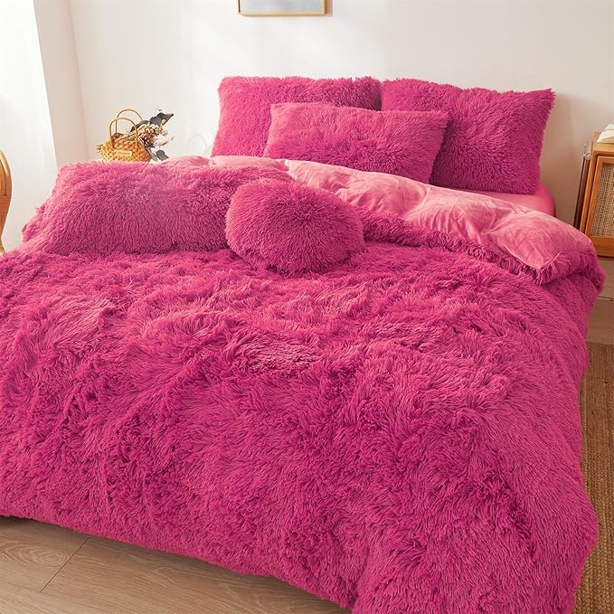 Fluffy hot pink comforters Cover twin size - Ultra Soft Plush hot pink bedding Sets 2 Pieces (1 faux fur comforter Cover + 1 fuzzy pillow case) girls shaggy hot pink twin bed set (Hot Pink, Twin)