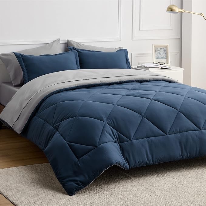 Bedsure Navy Full Size Bed in a Bag - 7 Pieces Reversible Comforter Set Full Bed Set with Comforters, Sheets, Pillowcases & Shams, Full Bedding Sets