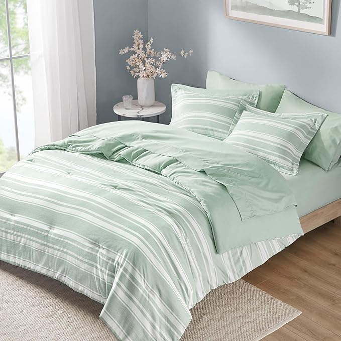 Codi Full Size Comforter Set with Sheets, Sage Green Bed in a Bag for Teen, 7 Piece Striped Bed Sets for All Seasons with 1 Comforter, 2 Pillow Shams, Flat Sheet, Fitted Sheet and 2 Pillowcases