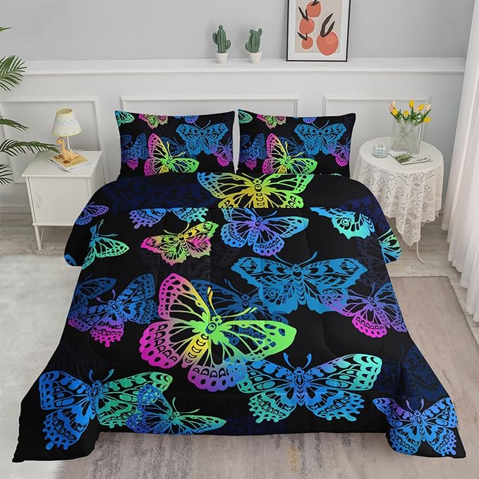 Axolotl Colorful Butterflies Bedding Set,Twin Size Kids Bed Set,Gradient Butterfly Comforter Set,1 Quilt with 2 Pillowcases for Boys Girls Kids Teens Children Adults Room Decor All Season,Black